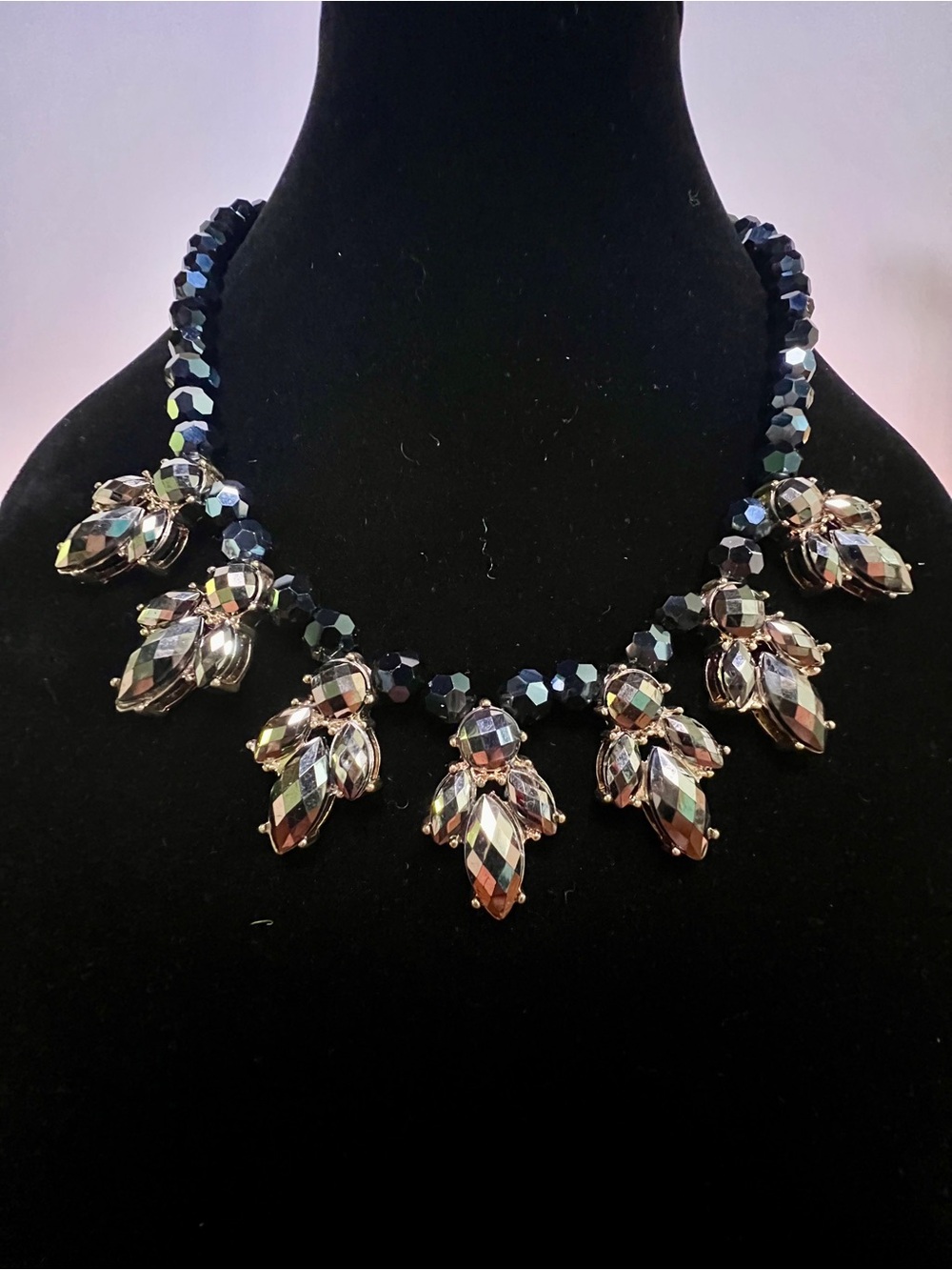 Vintage Iridescent Black and Silver Crystal Bib Necklace